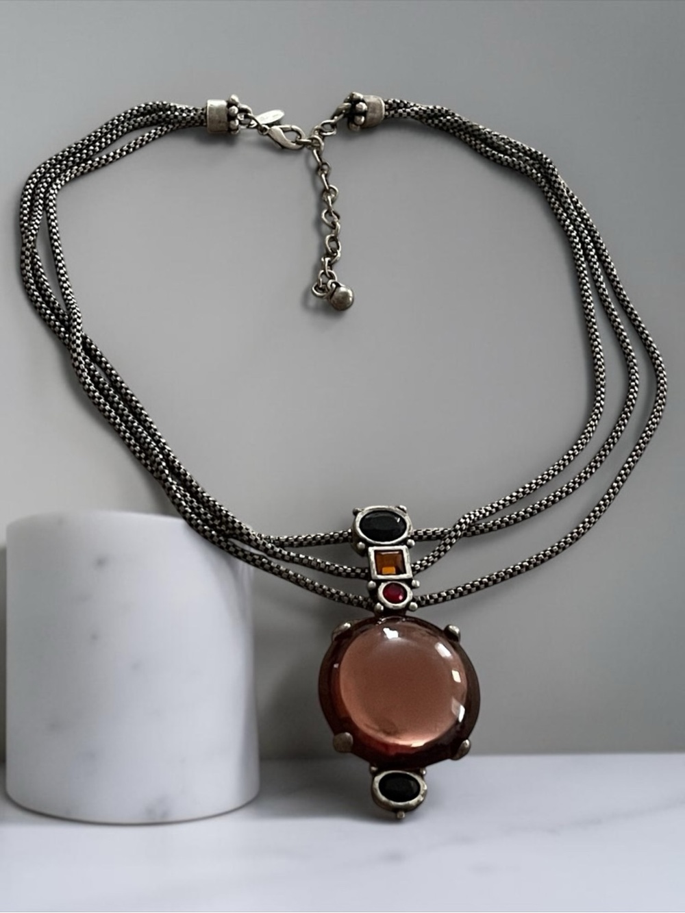 Three-Strand Silver Necklace with Smoky Rose Gemstone Pendant